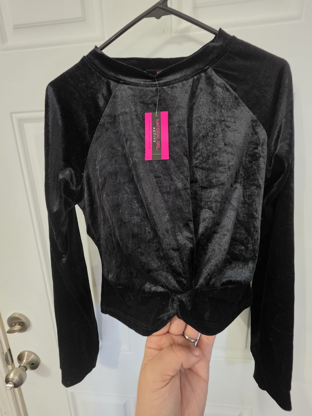Material Girl Active Black Velvet Long Sleeve Twist Front Top Size L NWT